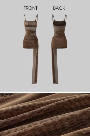 DreamyNerd Mesh Draped Lace Mini Dress with Asymmetric Overlay and Sheer Bodice