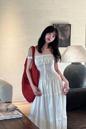 DreamyNerd Off-Shoulder Corset Maxi Dress with Tiered Ruffle Skirt