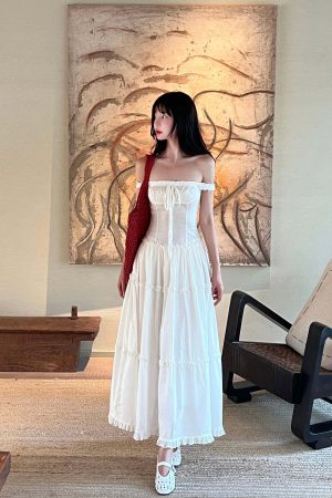 DreamyNerd Off-Shoulder Corset Maxi Dress with Tiered Ruffle Skirt