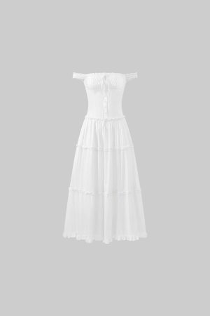 DreamyNerd Off-Shoulder Corset Maxi Dress with Tiered Ruffle Skirt