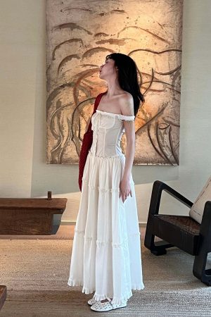 DreamyNerd Off-Shoulder Corset Maxi Dress with Tiered Ruffle Skirt