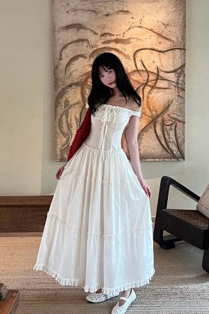 DreamyNerd Off-Shoulder Corset Maxi Dress with Tiered Ruffle Skirt