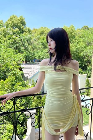 DreamyNerd Off-Shoulder Drape Mini Dress with Rosette Detail