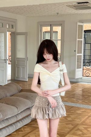 DreamyNerd Off-Shoulder Knot Front Ribbed Jersey Top