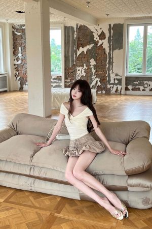 DreamyNerd Off-Shoulder Knot Front Ribbed Jersey Top