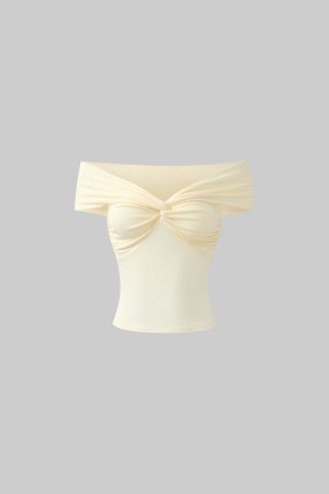 DreamyNerd Off-Shoulder Knot Front Ribbed Jersey Top