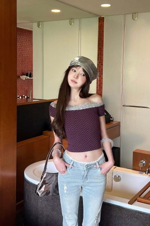 DreamyNerd Off-Shoulder Polka Dot Top with Lace Trim and Stretch Fit