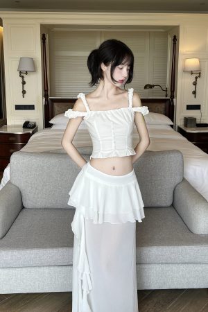 DreamyNerd Off-Shoulder Ruffle Strap Top & Flowing Skirt Set