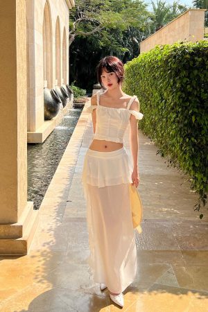 DreamyNerd Off-Shoulder Ruffle Strap Top & Flowing Skirt Set