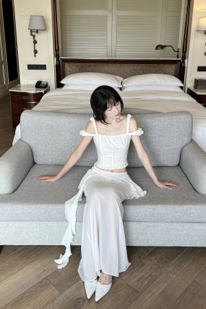 DreamyNerd Off-Shoulder Ruffle Strap Top & Flowing Skirt Set