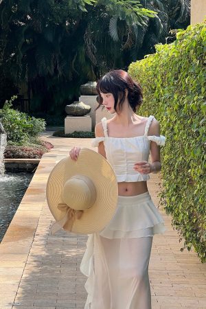 DreamyNerd Off-Shoulder Ruffle Strap Top & Flowing Skirt Set