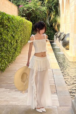 DreamyNerd Off-Shoulder Ruffle Strap Top & Flowing Skirt Set