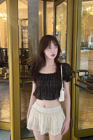 DreamyNerd Puff Sleeve Plaid Crop Top with Ruffle Hem and Tie Back