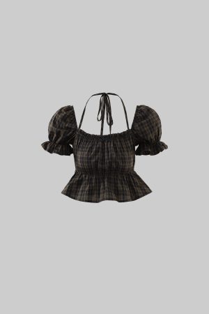 DreamyNerd Puff Sleeve Plaid Crop Top with Ruffle Hem and Tie Back