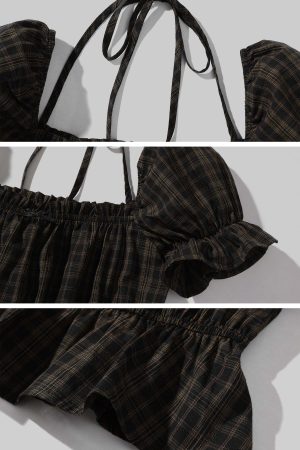 DreamyNerd Puff Sleeve Plaid Crop Top with Ruffle Hem and Tie Back