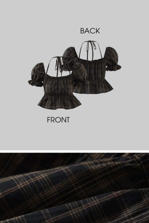 DreamyNerd Puff Sleeve Plaid Crop Top with Ruffle Hem and Tie Back