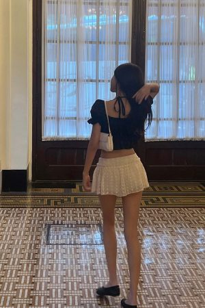 DreamyNerd Puff Sleeve Plaid Crop Top with Ruffle Hem and Tie Back