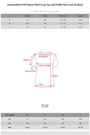 DreamyNerd Puff Sleeve Plaid Crop Top with Ruffle Hem and Tie Back