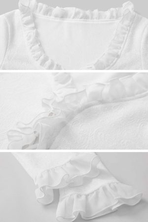 DreamyNerd Rosette Lace-Up Cardigan & Ruffle Mini Skirt Set – Ivory Whimsy