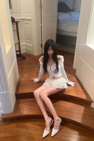 DreamyNerd Rosette Lace-Up Cardigan & Ruffle Mini Skirt Set – Ivory Whimsy