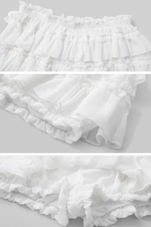 DreamyNerd Rosette Lace-Up Cardigan & Ruffle Mini Skirt Set – Ivory Whimsy