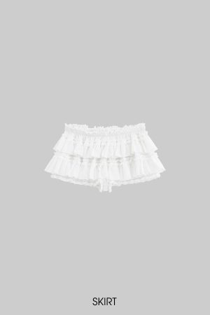 DreamyNerd Rosette Lace-Up Cardigan & Ruffle Mini Skirt Set – Ivory Whimsy