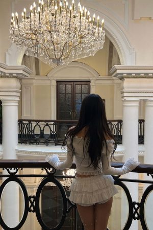 DreamyNerd Rosette Lace-Up Cardigan & Ruffle Mini Skirt Set – Ivory Whimsy