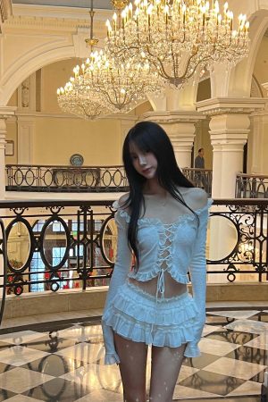 DreamyNerd Rosette Lace-Up Cardigan & Ruffle Mini Skirt Set – Ivory Whimsy