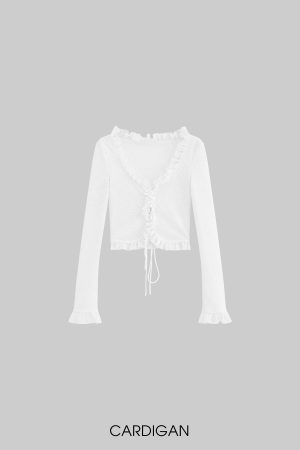 DreamyNerd Rosette Lace-Up Cardigan & Ruffle Mini Skirt Set – Ivory Whimsy