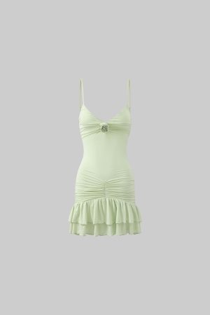 DreamyNerd Rosette Ruched Mini Dress with Ruffle Hem