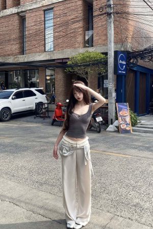 DreamyNerd Rosette Trim Fitted Cap Sleeve Top