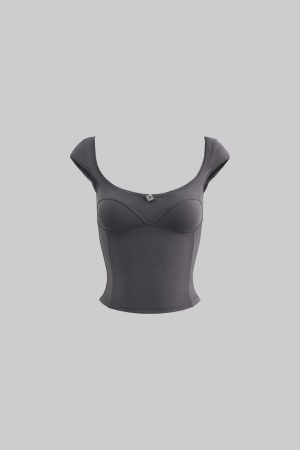 DreamyNerd Rosette Trim Fitted Cap Sleeve Top