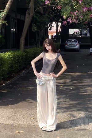 DreamyNerd Rosette Trim Fitted Cap Sleeve Top