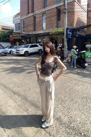 DreamyNerd Rosette Trim Fitted Cap Sleeve Top