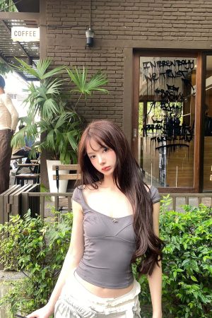 DreamyNerd Rosette Trim Fitted Cap Sleeve Top