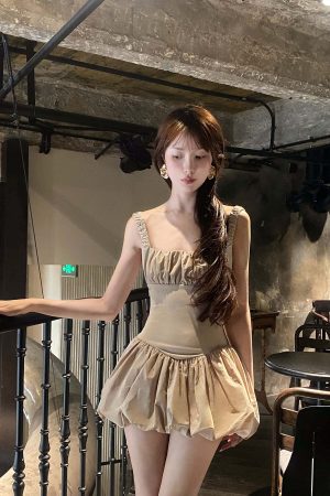 DreamyNerd Ruched Bubble Mini Dress in Champagne