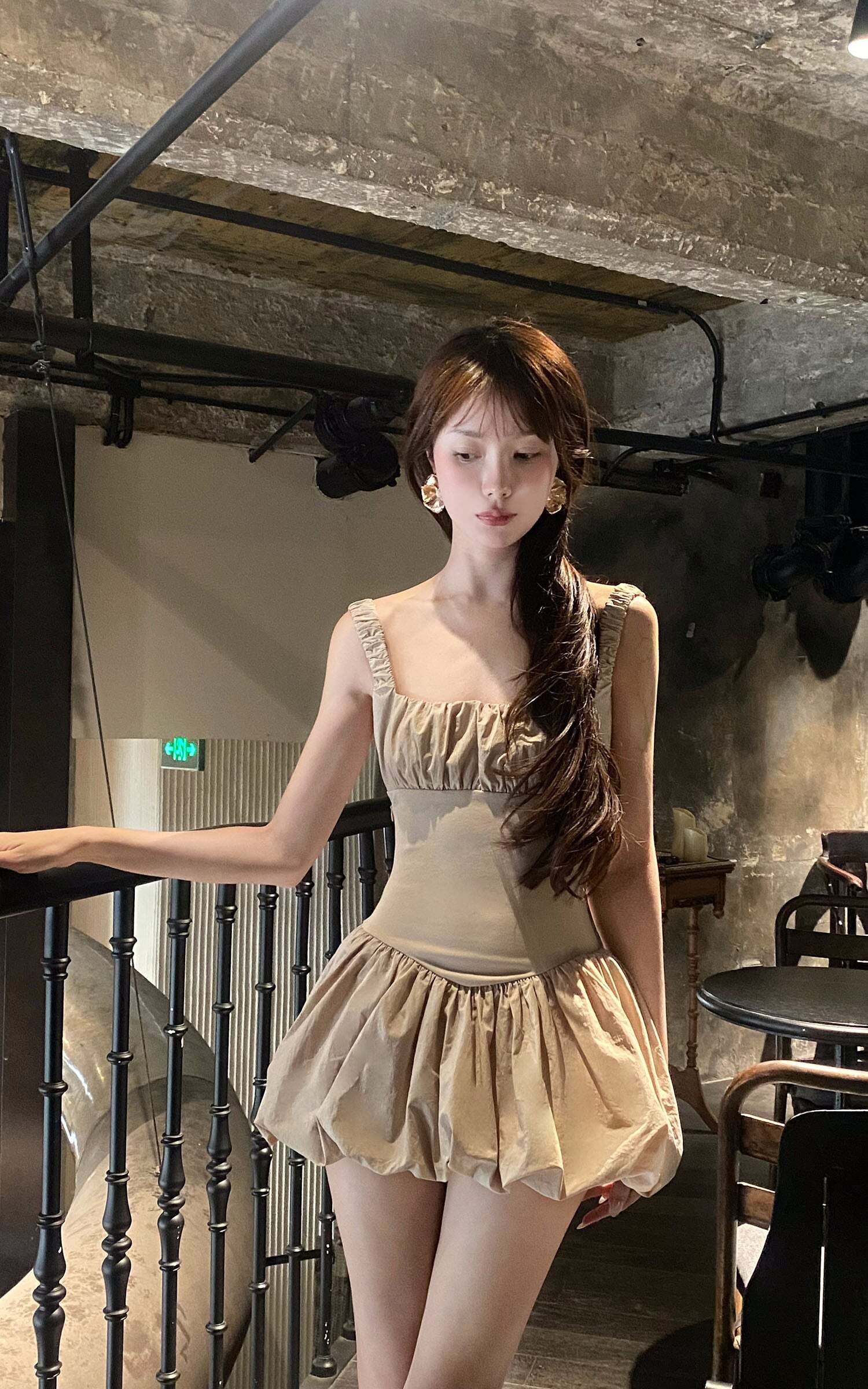 DreamyNerd Ruched Bubble Mini Dress in Champagne DreamyNerd Ruched Bubble Mini Dress in Champagne