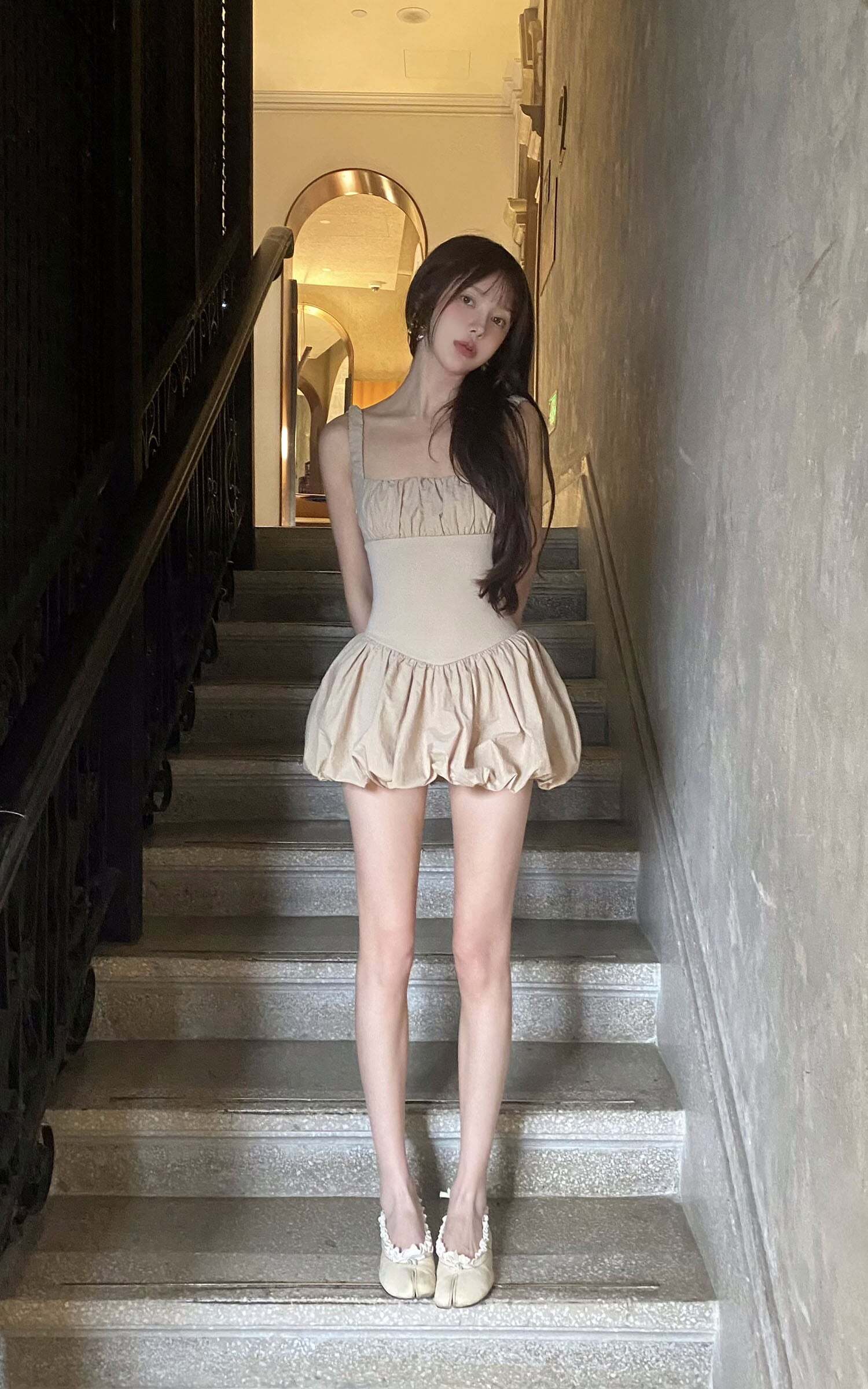 DreamyNerd Ruched Bubble Mini Dress in Champagne DreamyNerd Ruched Bubble Mini Dress in Champagne