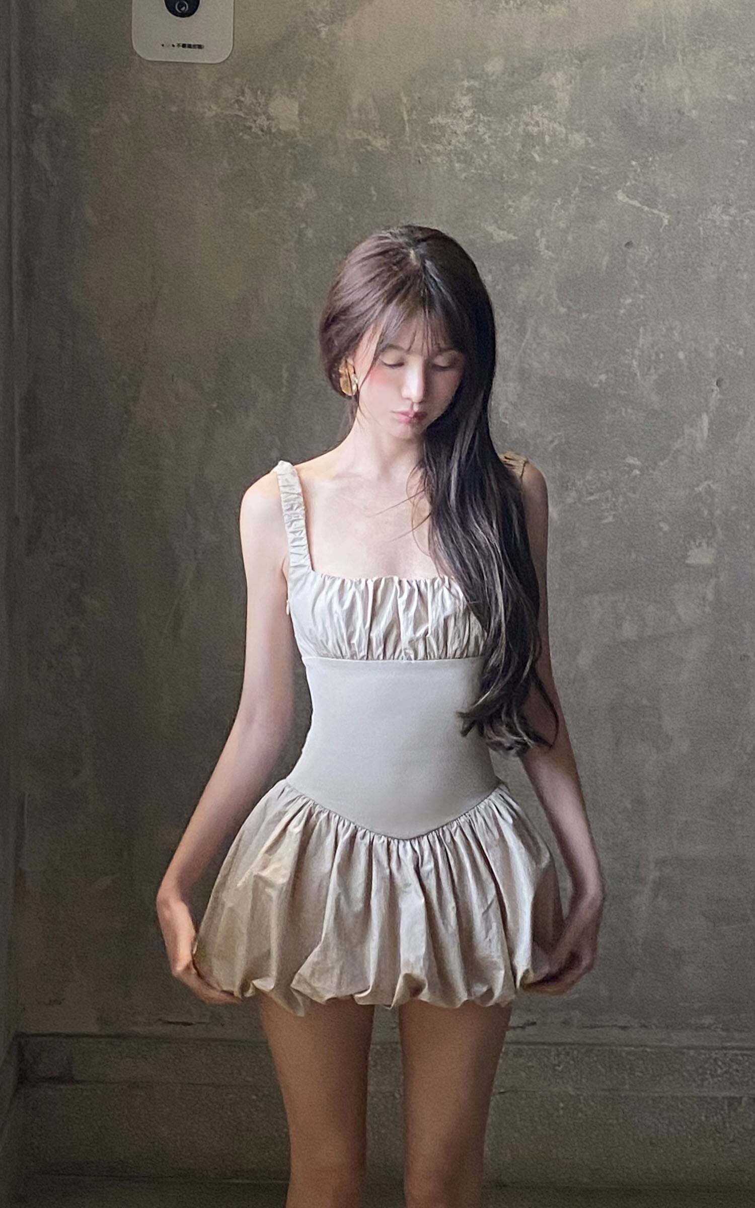 DreamyNerd Ruched Bubble Mini Dress in Champagne DreamyNerd Ruched Bubble Mini Dress in Champagne