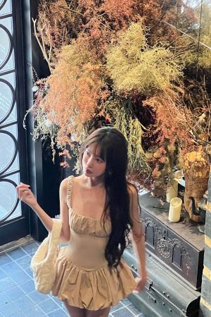 DreamyNerd Ruched Bubble Mini Dress in Champagne