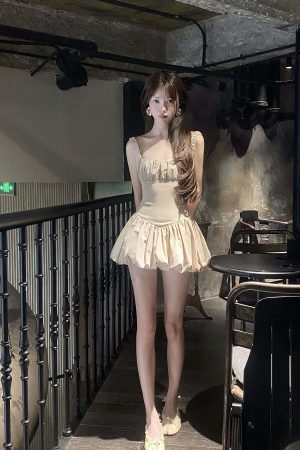 DreamyNerd Ruched Bubble Mini Dress in Champagne