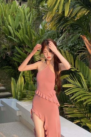 DreamyNerd Ruffle Cutout Halter Maxi Dress