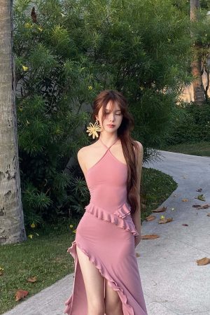 DreamyNerd Ruffle Cutout Halter Maxi Dress