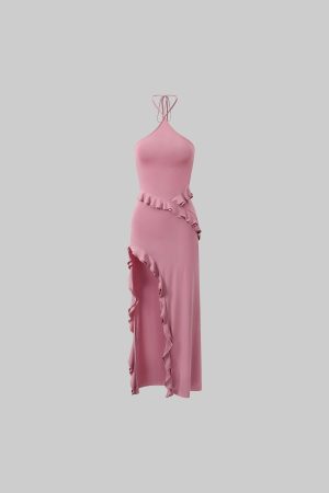 DreamyNerd Ruffle Cutout Halter Maxi Dress