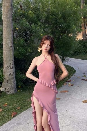 DreamyNerd Ruffle Cutout Halter Maxi Dress