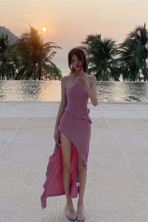 DreamyNerd Ruffle Cutout Halter Maxi Dress