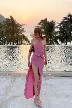 DreamyNerd Ruffle Cutout Halter Maxi Dress