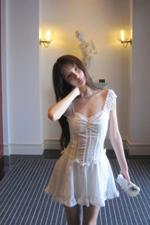 DreamyNerd Ruffle-Edge Bow Lace Mini Dress