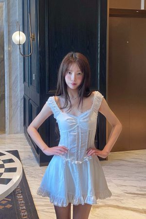 DreamyNerd Ruffle-Edge Bow Lace Mini Dress