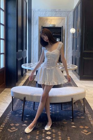 DreamyNerd Ruffle-Edge Bow Lace Mini Dress